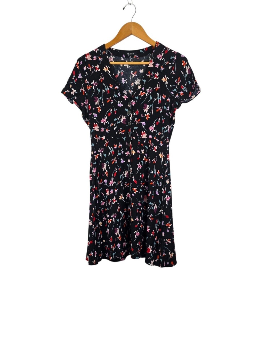 MADEWELL V-Neck Button-Front Mini Dress Black Pink Drifting Flower Print Size 0